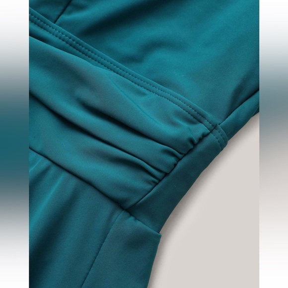 BloomChic Plus Size 2XL Solid Ruffle Hem Empire Waist Halter Neck Swim Dress - Picture 7 of 10